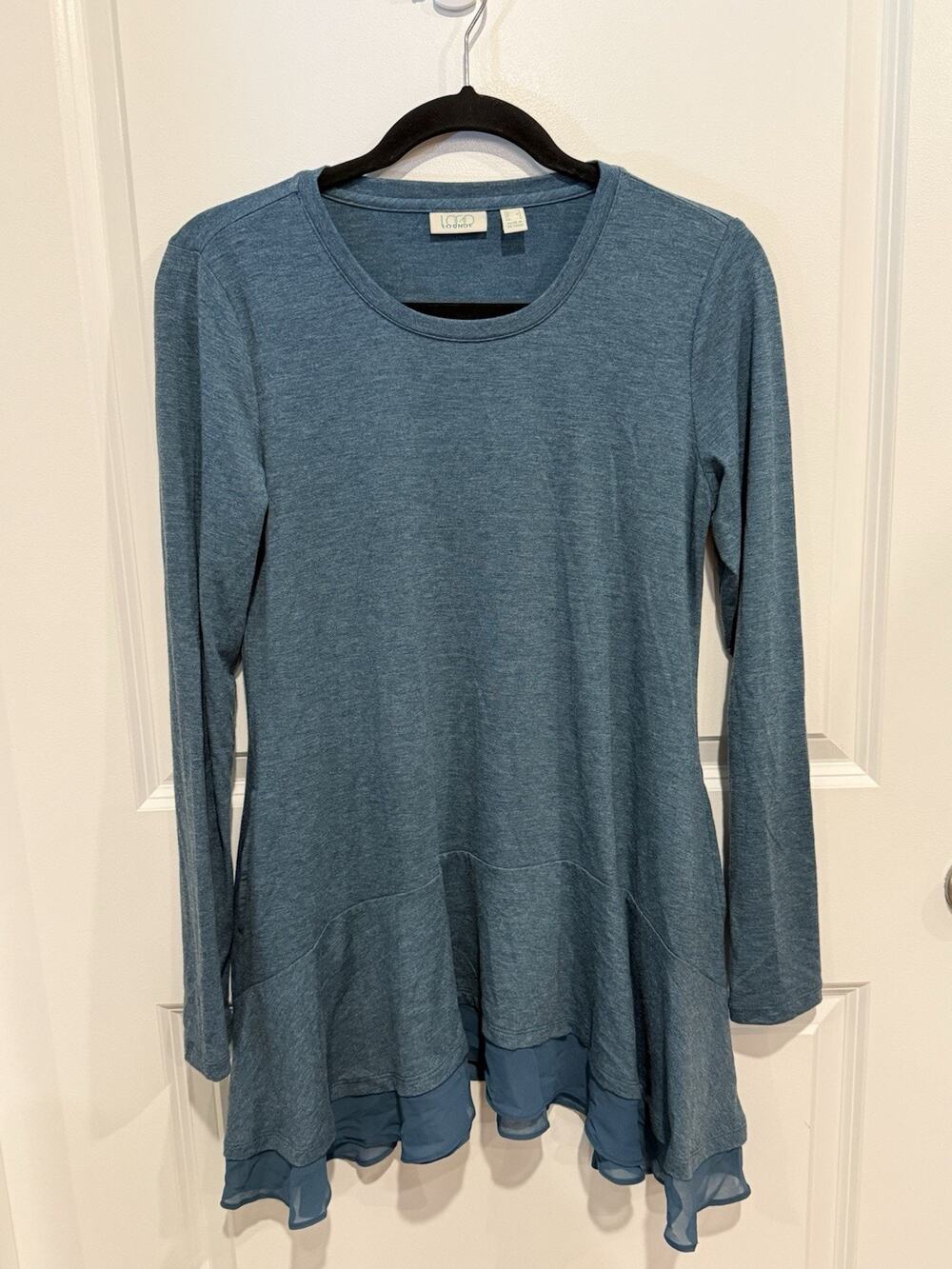 Logo Lounge Long Sleeve Tunic Teal Soft Flutter Hem Feminine Oversized Sz XS